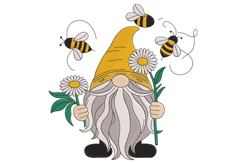 Bee gnome embroidery with striped hat and body, fluffy beard, small nose, in 8 warm farmhouse colours.