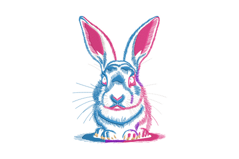 Bold duotone bunny face embroidery in hot pink and sky blue, front-facing with tall ears and detailed fur texture.