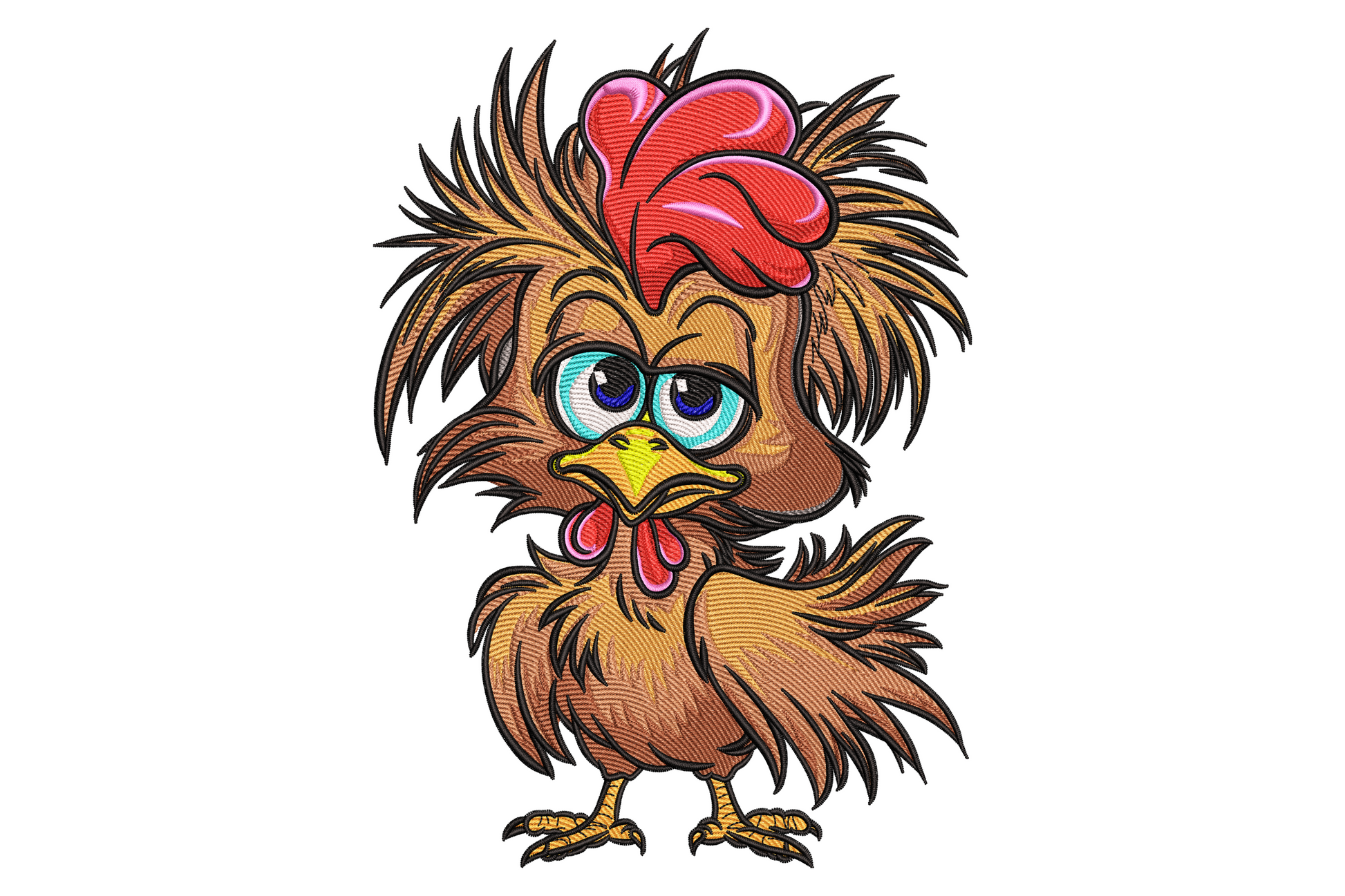 Cartoon chicken embroidery design with wild ruffled brown feathers, grumpy blue eyes, red comb and yellow beak.