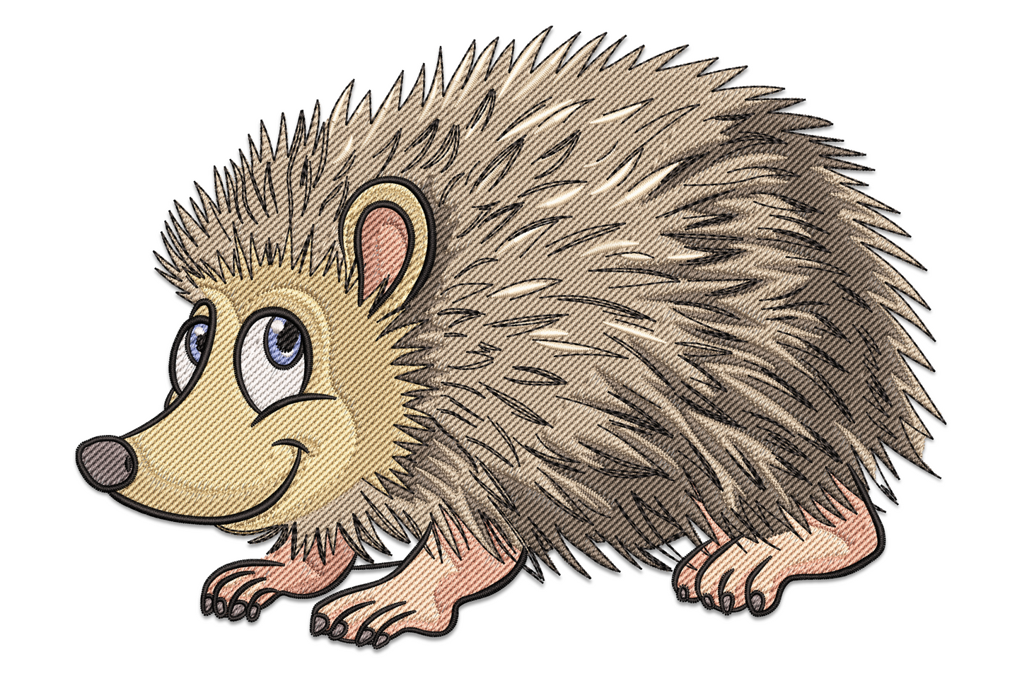 Cartoon hedgehog embroidery with round body, radiating spines, big round eyes and pink nose, kawaii style, machine embroidery design on white background