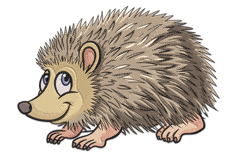 Cartoon hedgehog embroidery with round body, radiating spines, big round eyes and pink nose, kawaii style, machine embroidery design on white background