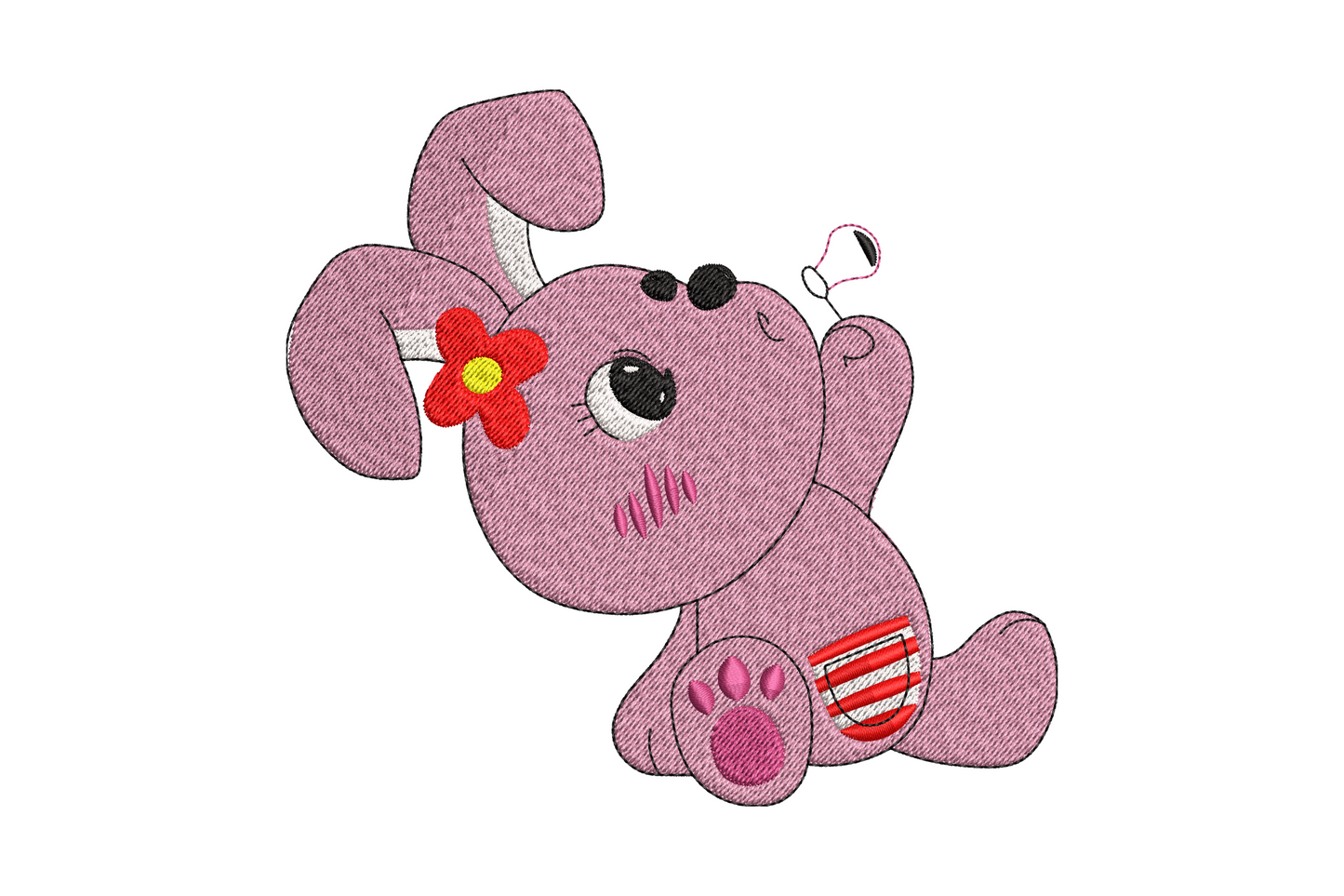 Standing cartoon rabbit embroidery design with floppy ears, cream body, and dusty pink ear panels, kawaii kids style.