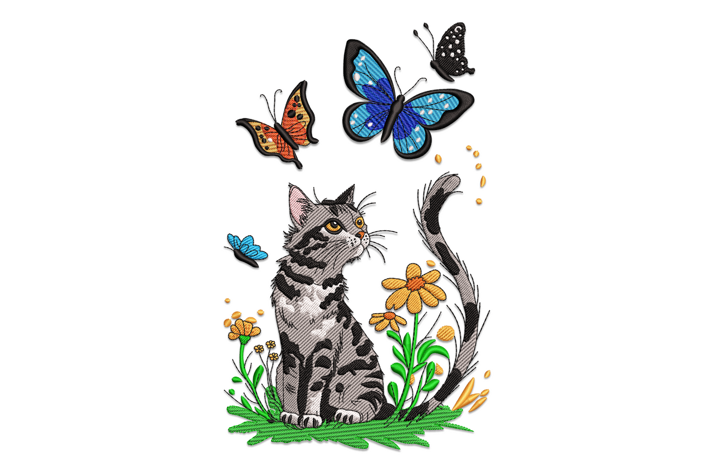 Sweet grey tabby kitten with paws tucked surrounded by yellow, pink, and pale lavender butterflies above tiny grass with daisies, soft storybook pastel style.