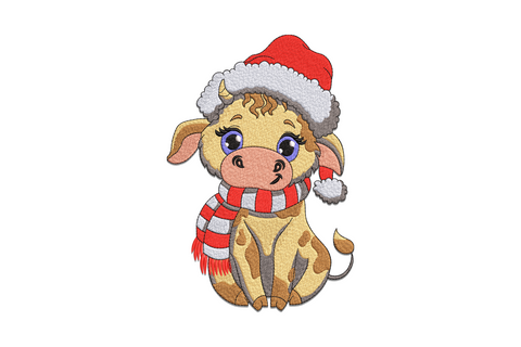 Adorable christmas cow embroidery with oversized round head, pale purple eyes, red striped scarf and red santa hat on a tan spotted body.