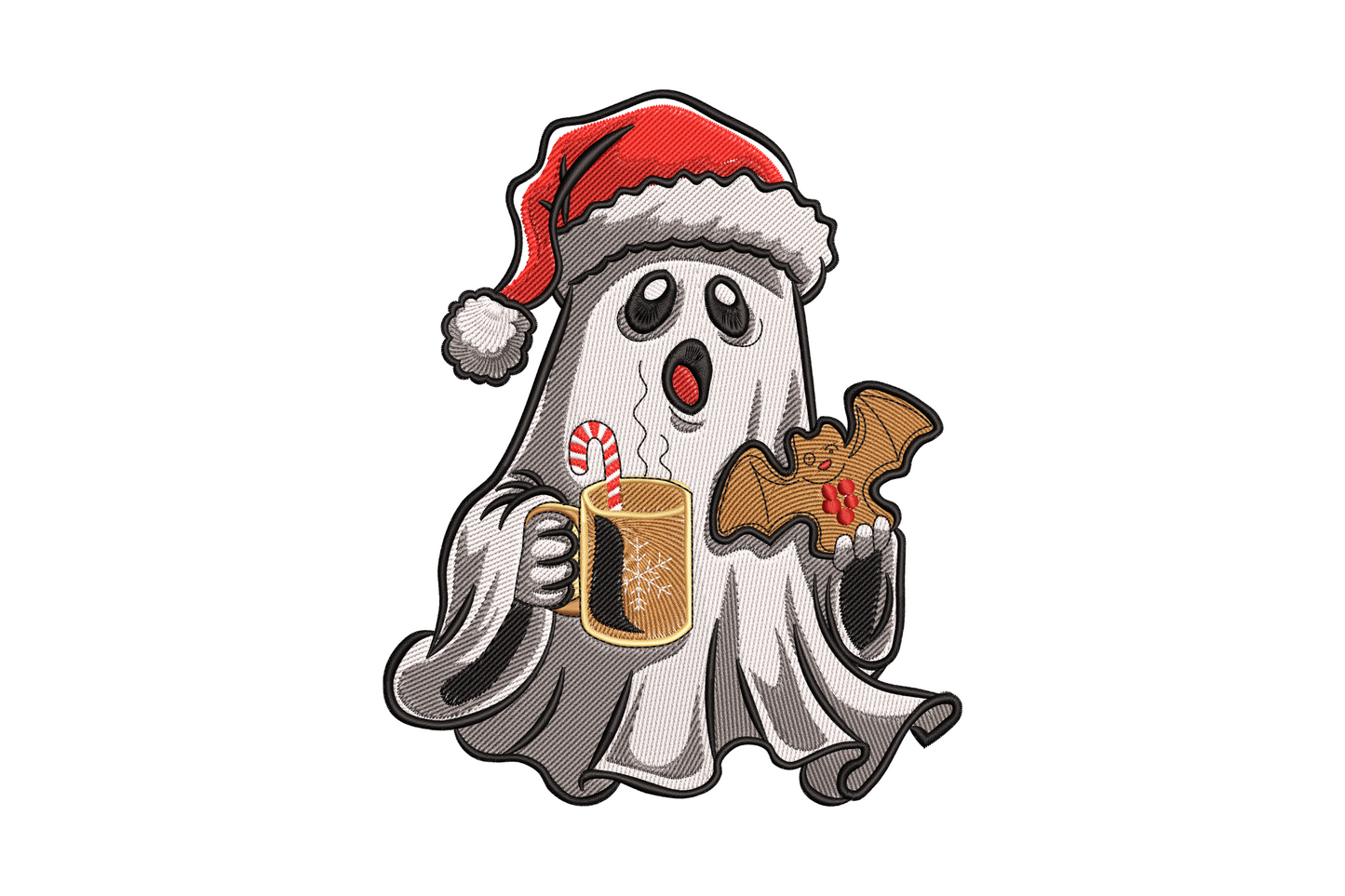 Christmas ghost machine embroidery design with Santa hat, cocoa mug with candy cane and small bat friend, grey cross-hatch body fill with black outline, 7 colours