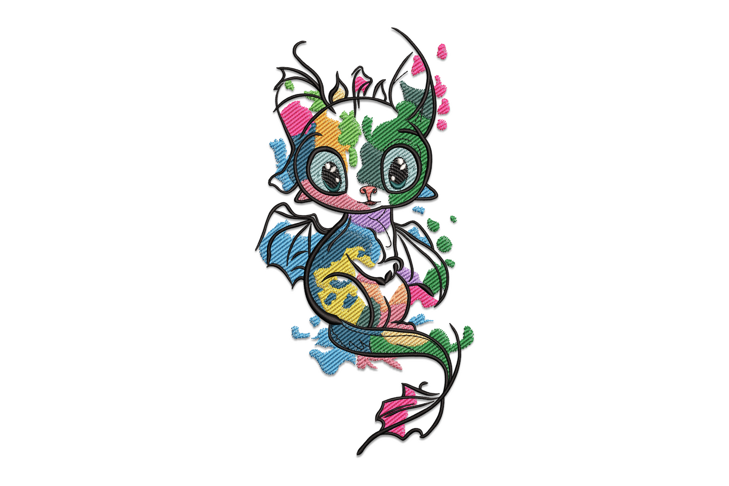 Chibi baby dragon embroidery with rainbow patchwork body, huge expressive eyes and half-spread wings.