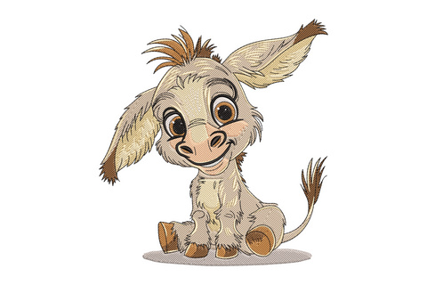 Adorable donkey embroidery design, front-facing portrait with big gentle eyes and perked ears, soft grey fur in 12 colours
