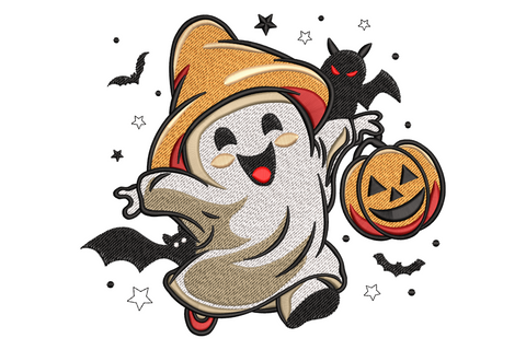 Adorable round halloween ghost character with rosy cheeks and lavender accents, 7 colour machine embroidery design, shown on white fabric background, 5 sizes from 3.1 to 6.6 inches wide