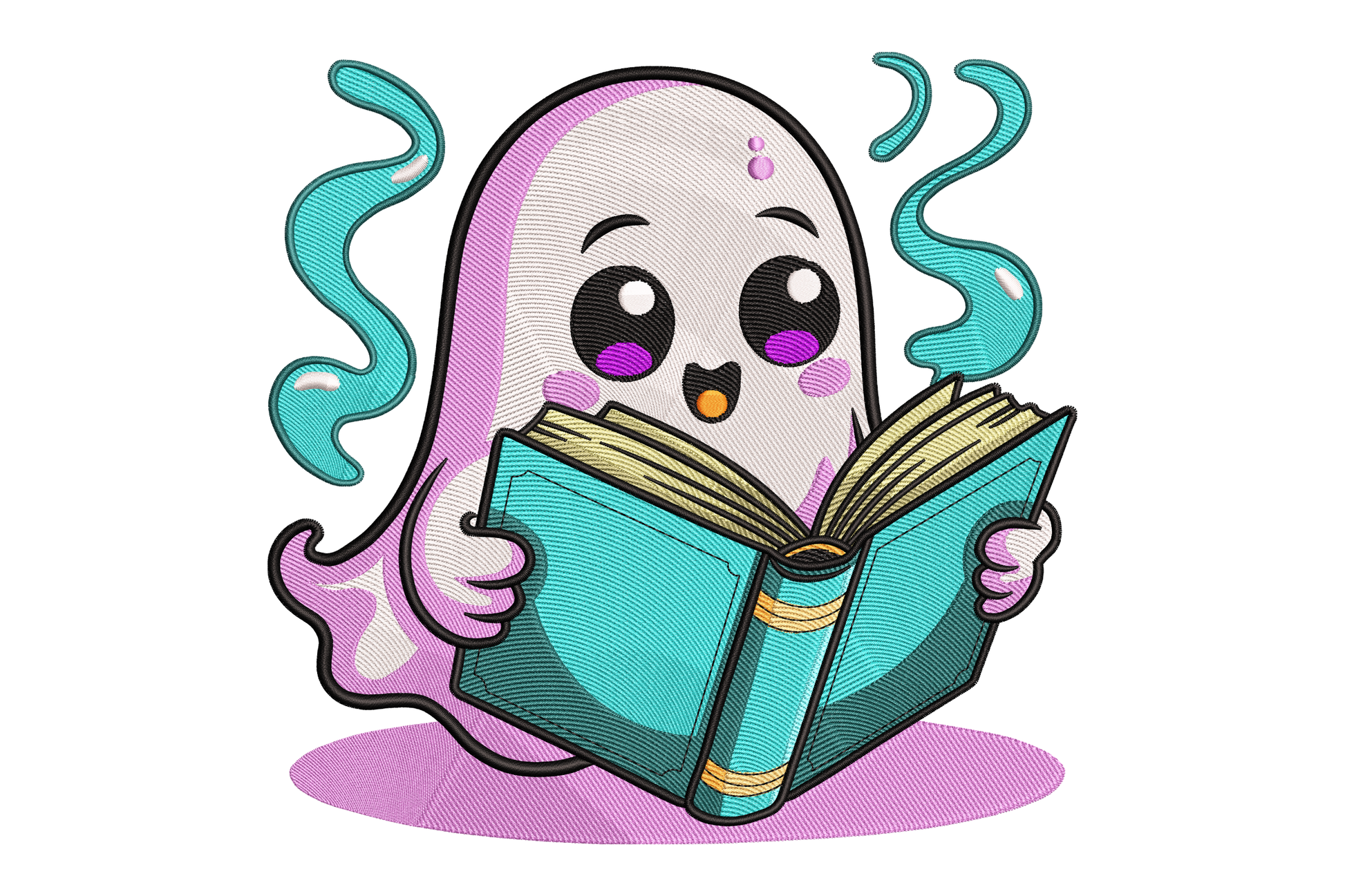 Adorable purple ghost reading a book embroidery design with big sparkly eyes pink cheeks and aqua wisps in soft kawaii halloween style