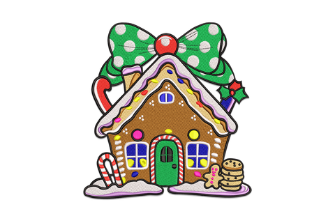 Colorful gingerbread house Christmas embroidery design with polka-dot bow, candy canes, gumdrop buttons and snow base on white background