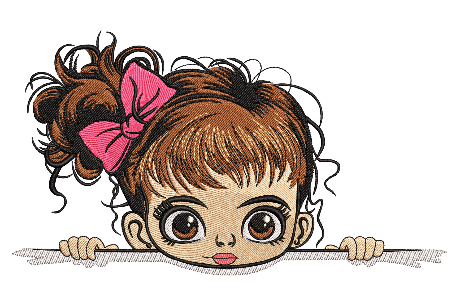 Girl peeking embroidery design, cartoon girl with big brown eyes and pink bow, messy updo, hands gripping ledge, 9 colors.