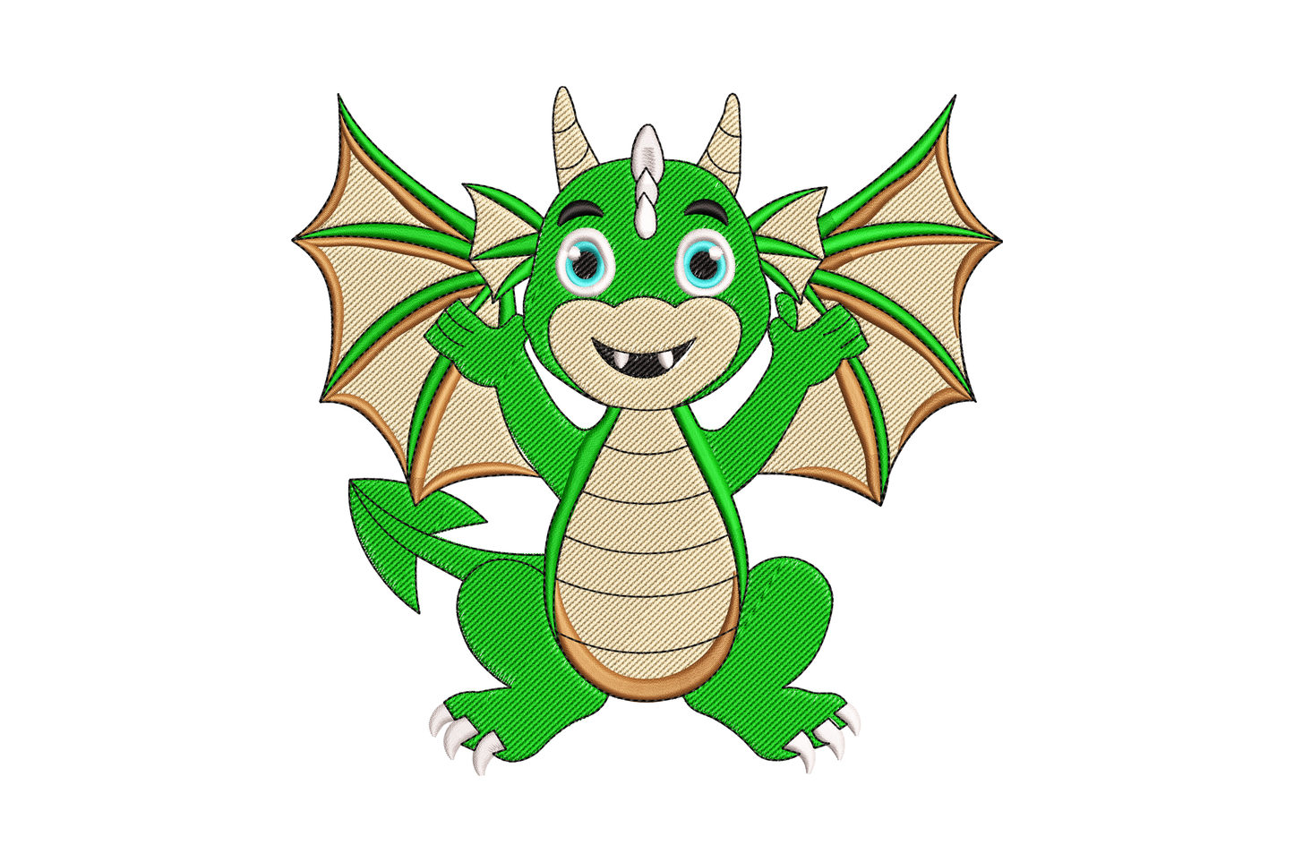 Adorable green dragon embroidery design seated with arms raised and wings spread, goofy grin showing two teeth, bright green satin fill with tan belly and blue eyes.
