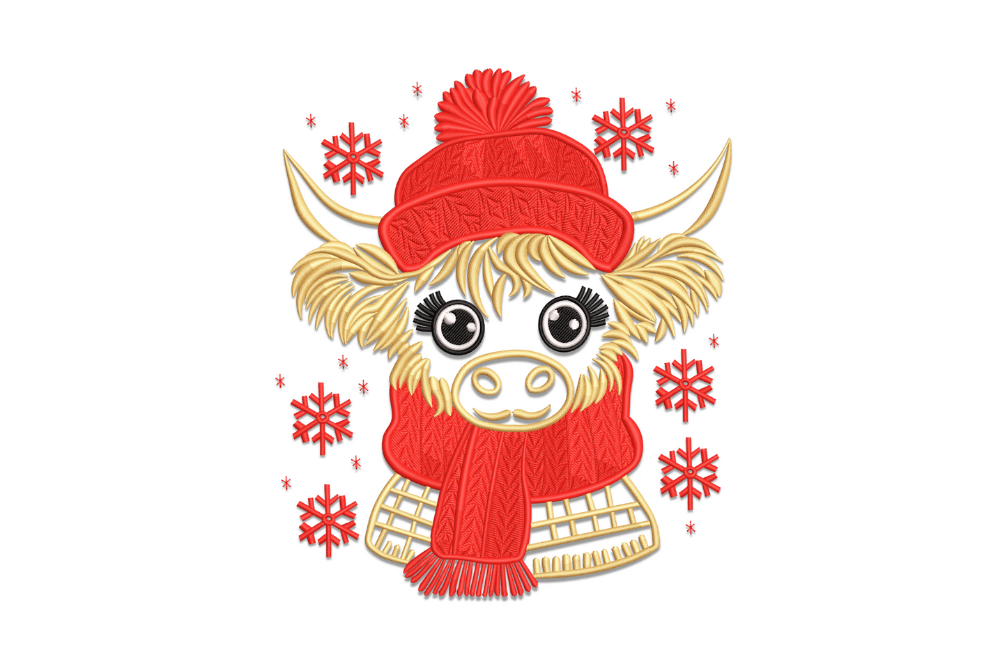 Adorable highland cow face embroidery design with shaggy ginger fringe, layered fur texture and directional stitching in four colours of warm brown, cream and dark accent