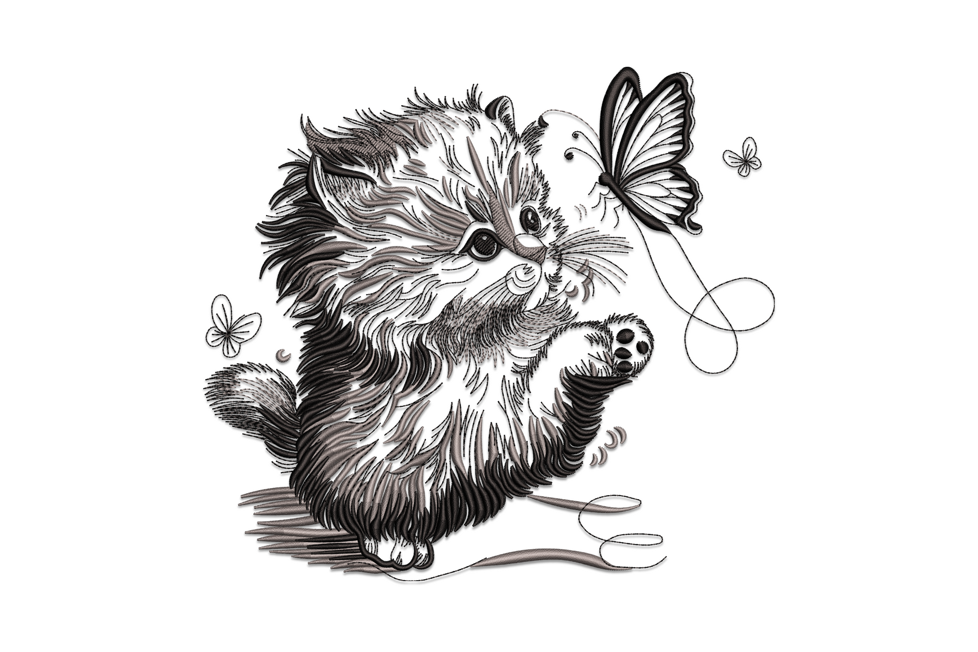 Fluffy grey and black kitten embroidery, one paw raised toward a butterfly, dense directional fur stitching, smaller flower and butterfly accents.