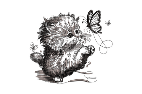 Fluffy grey and black kitten embroidery, one paw raised toward a butterfly, dense directional fur stitching, smaller flower and butterfly accents.