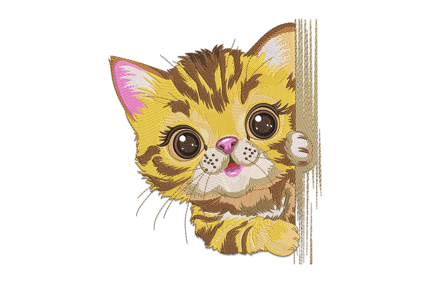 Orange tabby kitten peeking around a corner, one paw raised, huge round cartoon eyes, machine embroidery design on white background