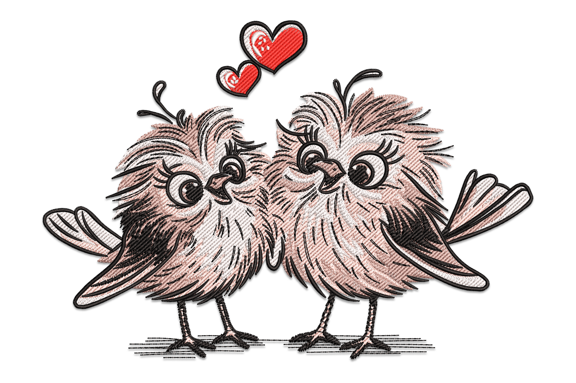 Love birds embroidery, two fluffy sketch birds facing each other with red heart above, valentine romantic bird couple design