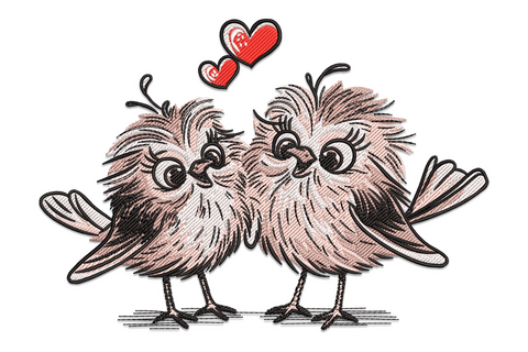 Love birds embroidery, two fluffy sketch birds facing each other with red heart above, valentine romantic bird couple design