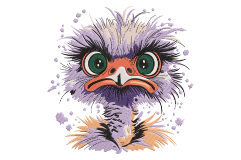 Ostrich face close-up portrait machine embroidery design, nine colours grey-brown cream pink, centred upright composition on white background.