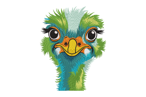 Colorful cartoon ostrich face on a white background