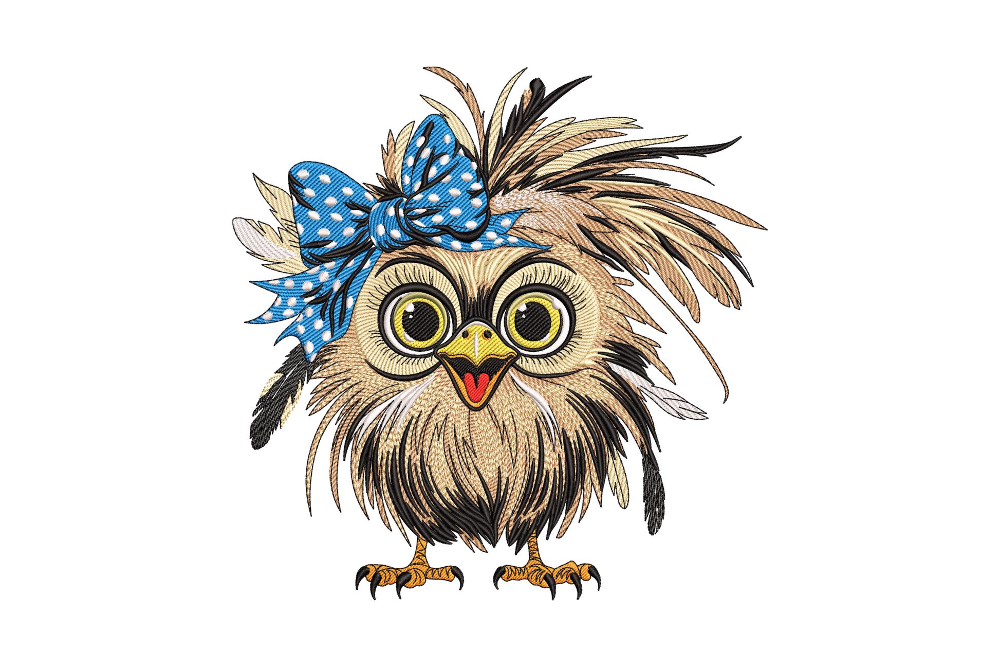 Adorable owl embroidery design showing a round wide-eyed owl in warm tawny brown and cream with 9 colours and detailed feather texture on the wings.