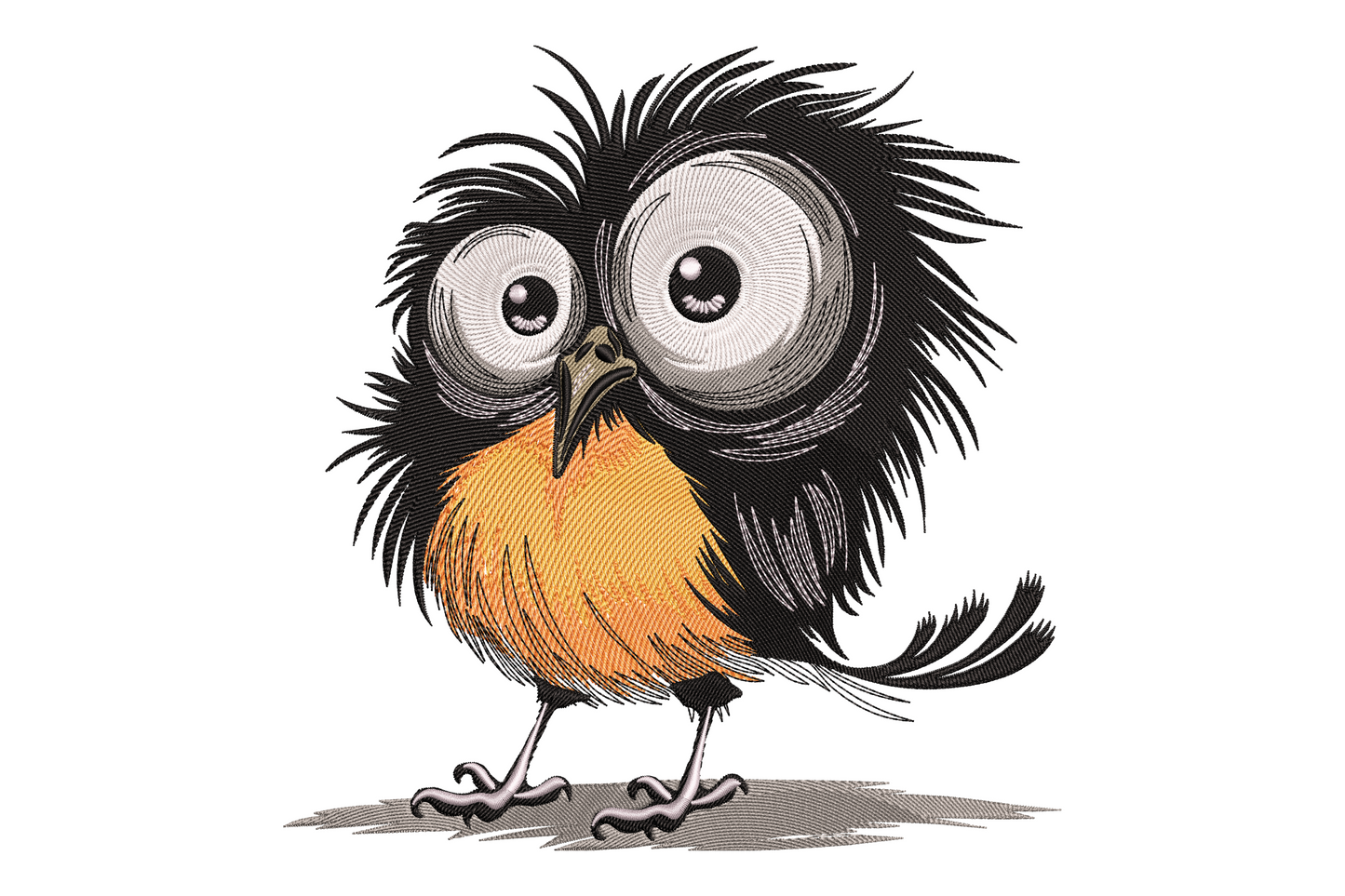 Adorable round-bodied cartoon owl machine embroidery design, seven thread colours with amber eye rings and directional feather fills, front-facing perched pose on white background.