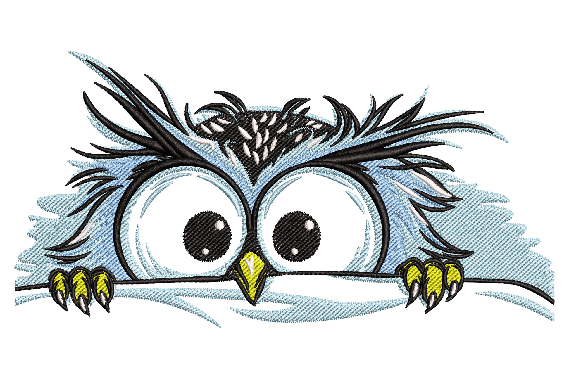Cartoon owl peeking over a ledge embroidery design with huge round eyes, pale blue feathers, yellow talons gripping the edge and expressive tufts.