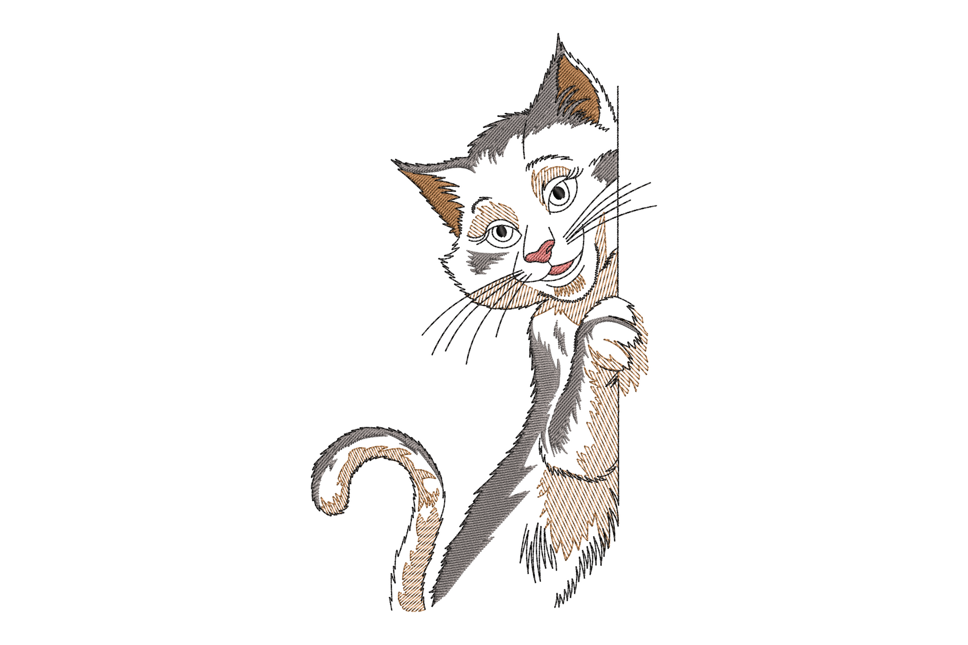 Peeking cat embroidery design, cute cartoon cat face peering over edge, cream tabby colouring with pink ears, four-colour whimsical style.