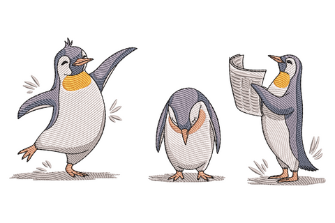 Penguin trio embroidery design with dancing penguin, sulking penguin and newspaper-reading penguin, soft grey and amber tones.