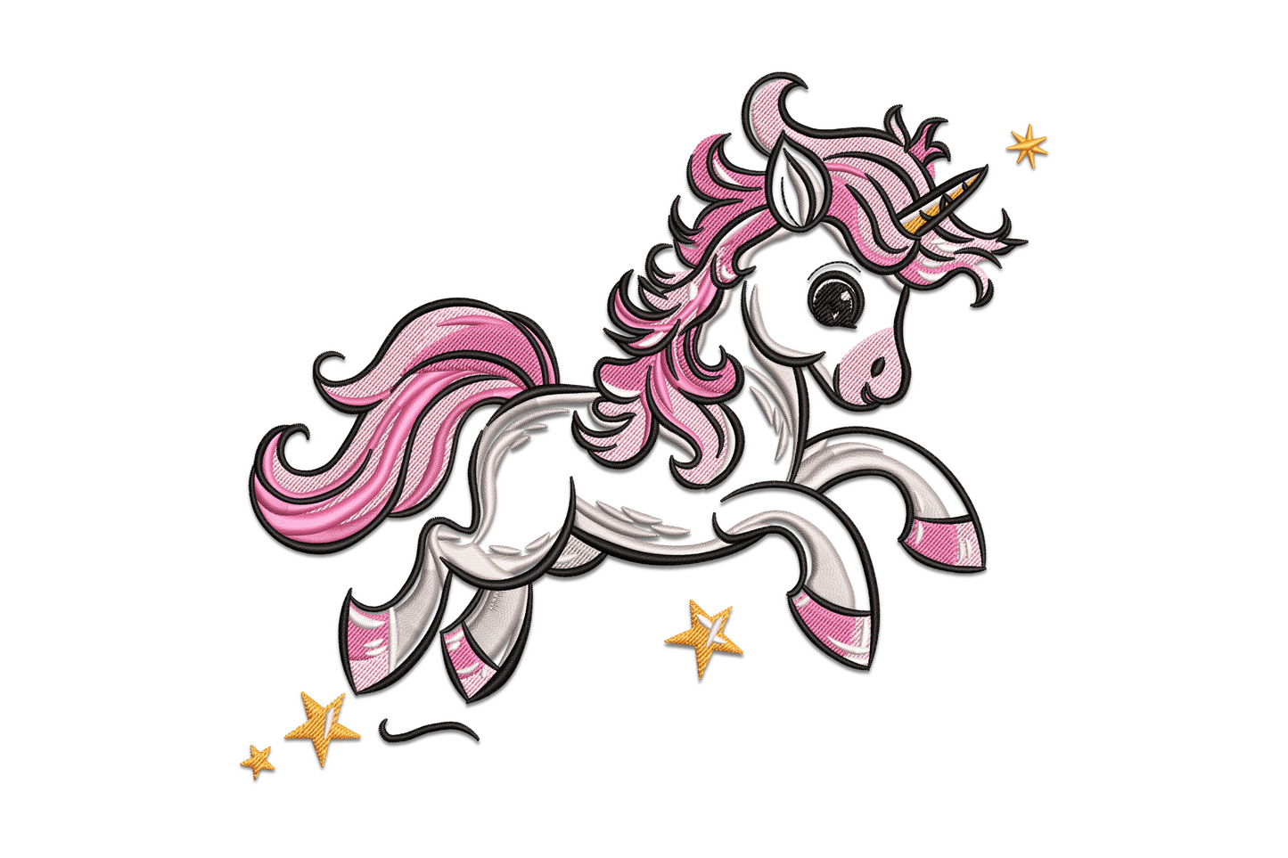Adorable pink unicorn with flowing mane, orange horn and star trail embroidery design for kids, cartoon style, machine embroidery.
