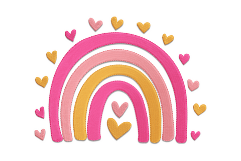 Pink and orange rainbow arc embroidery in 3 colour bands with layered satin fill, 5 sizes from 2.57 to 5.51 inches wide