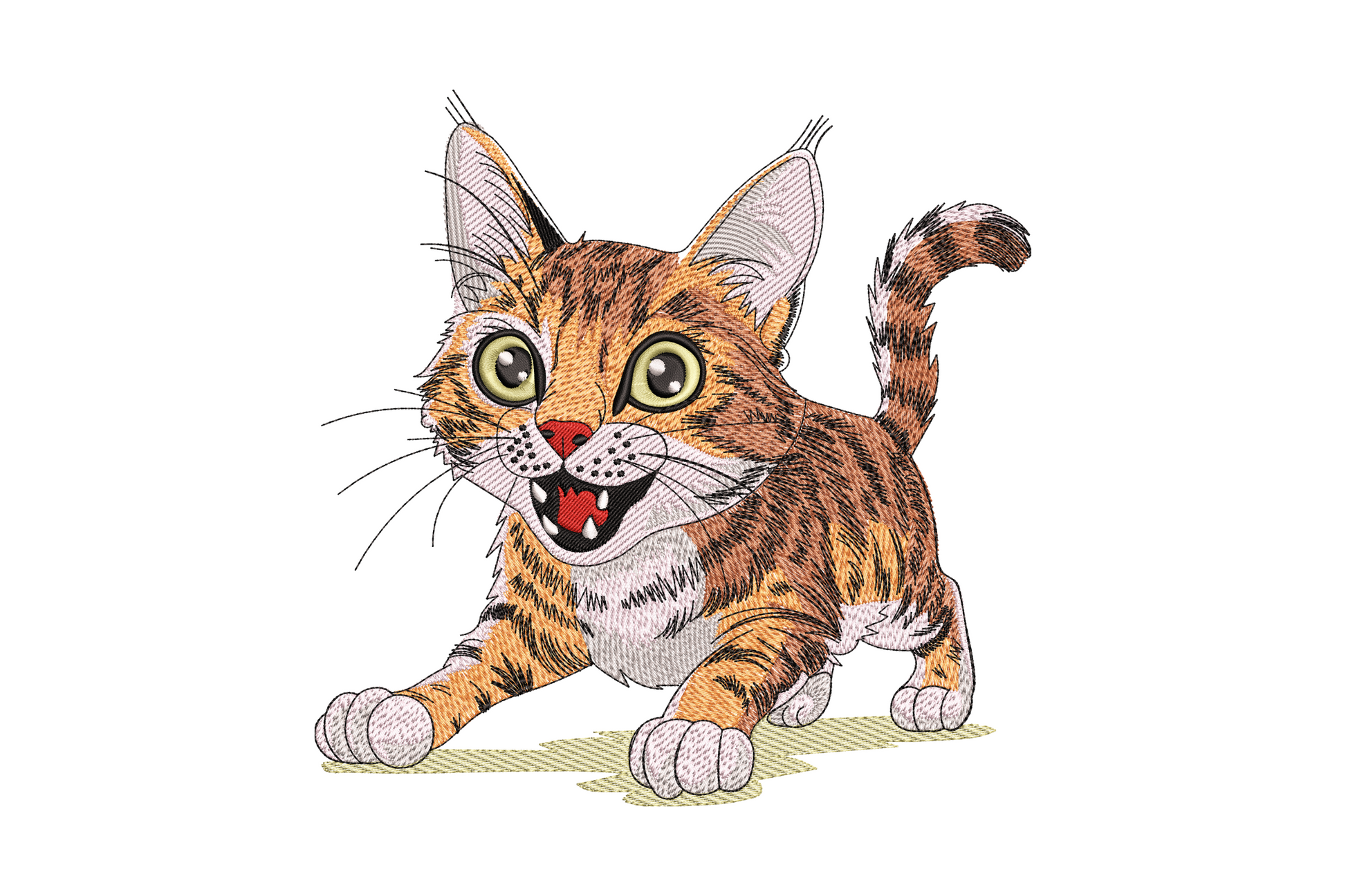 Detailed tabby kitten in play crouch with lime green eyes and orange striped fur in 8 colour embroidery