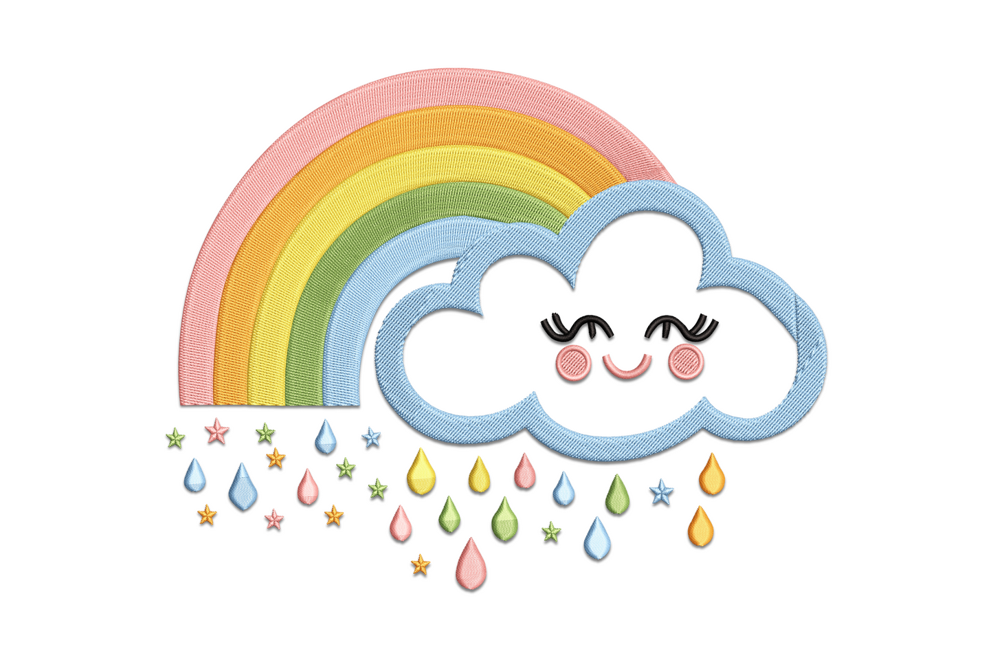Rainbow cloud embroidery design with fluffy white cloud and six colour rainbow arc in red orange yellow green blue violet on white background