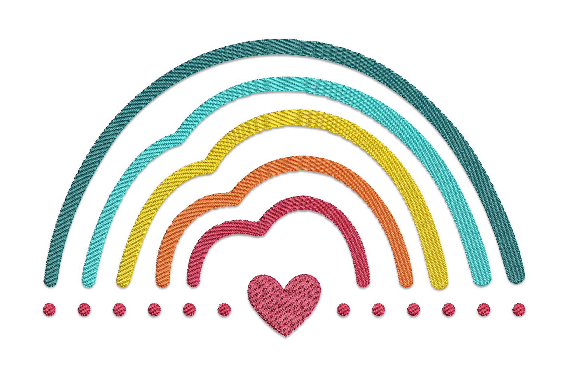 Adorable rainbow embroidery design with soft pastel arch in 5 thread colours including pink, mint and lavender on white cotton fabric