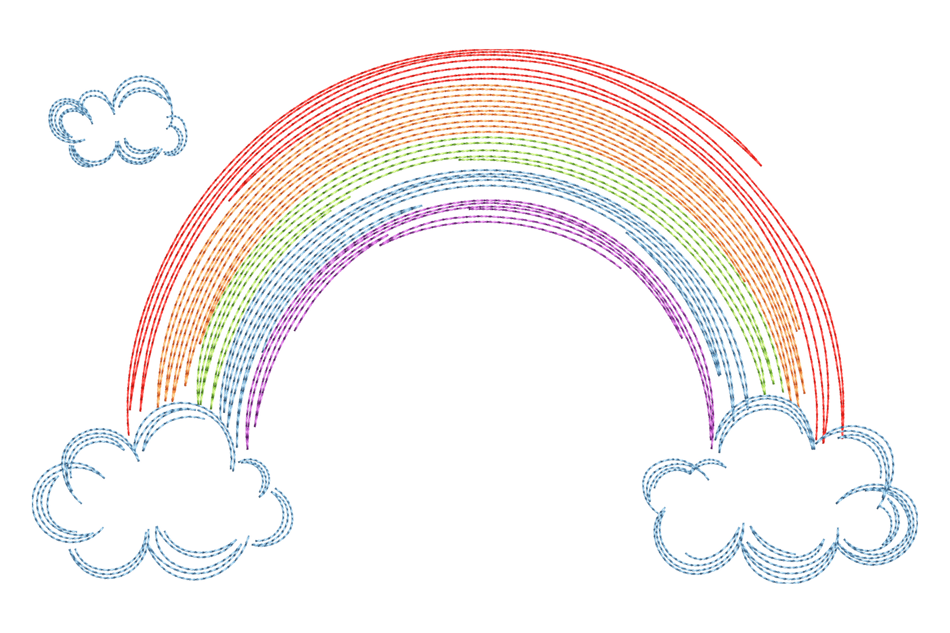 Sketch-stitch rainbow with fluffy clouds, 5 thread colors, open running stitch style, nursery baby embroidery pattern