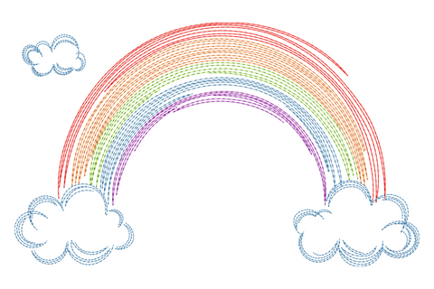 Sketch-stitch rainbow with fluffy clouds, 5 thread colors, open running stitch style, nursery baby embroidery pattern