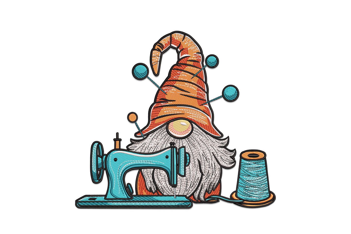 Gnome with rust orange hat and white beard at a teal vintage sewing machine, large thread spool beside it