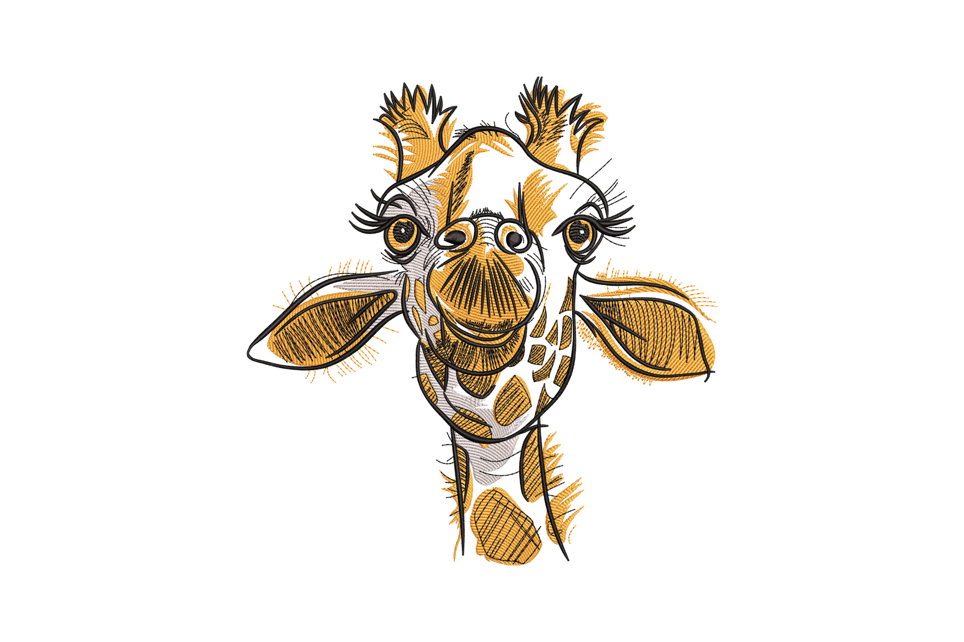 Sketch style giraffe embroidery, front-facing crosshatch face, orange black white, wildlife kids animal design