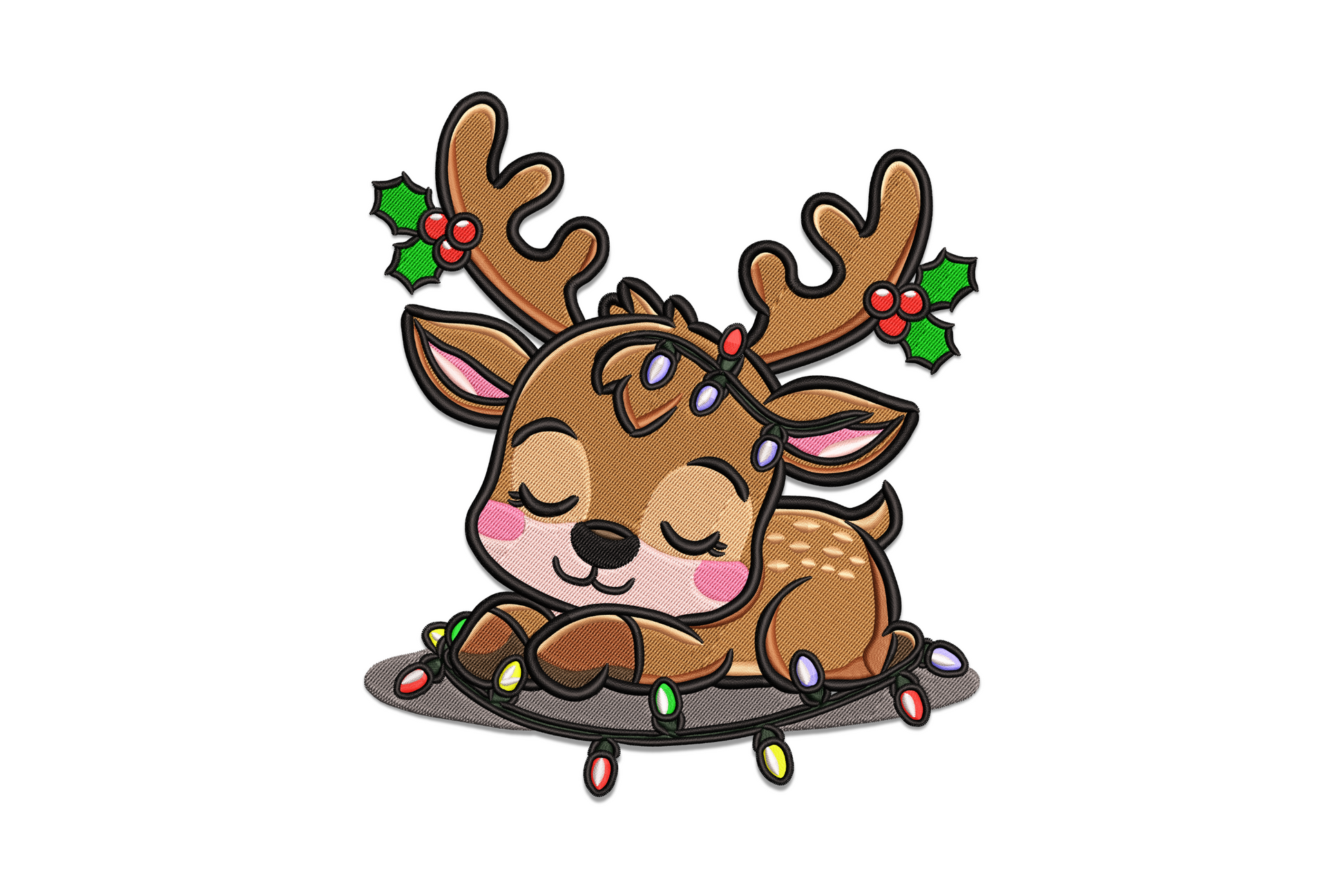 Sleeping Christmas reindeer embroidery design curled up with closed crescent eyes, sage antlers and pale blue zZz sleep bubbles in 14 colours.