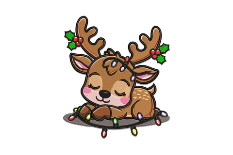 Sleeping Christmas reindeer embroidery design curled up with closed crescent eyes, sage antlers and pale blue zZz sleep bubbles in 14 colours.