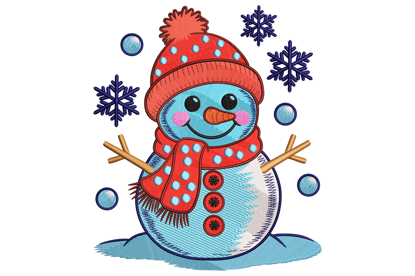 Adorable snowman machine embroidery design, white stacked body with colourful scarf hat and carrot nose, eleven-colour winter character in portrait format.