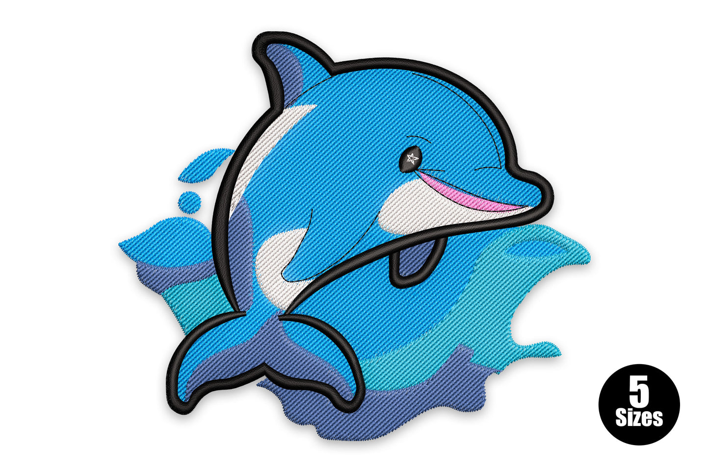 Splash dolphin embroidery -- chubby cartoon dolphin balancing striped ball on nose, 7 colours, circus pose