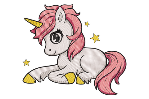 Adorable baby unicorn embroidery design lying down with pink flowing mane, gold horn and sparkle stars on white body.