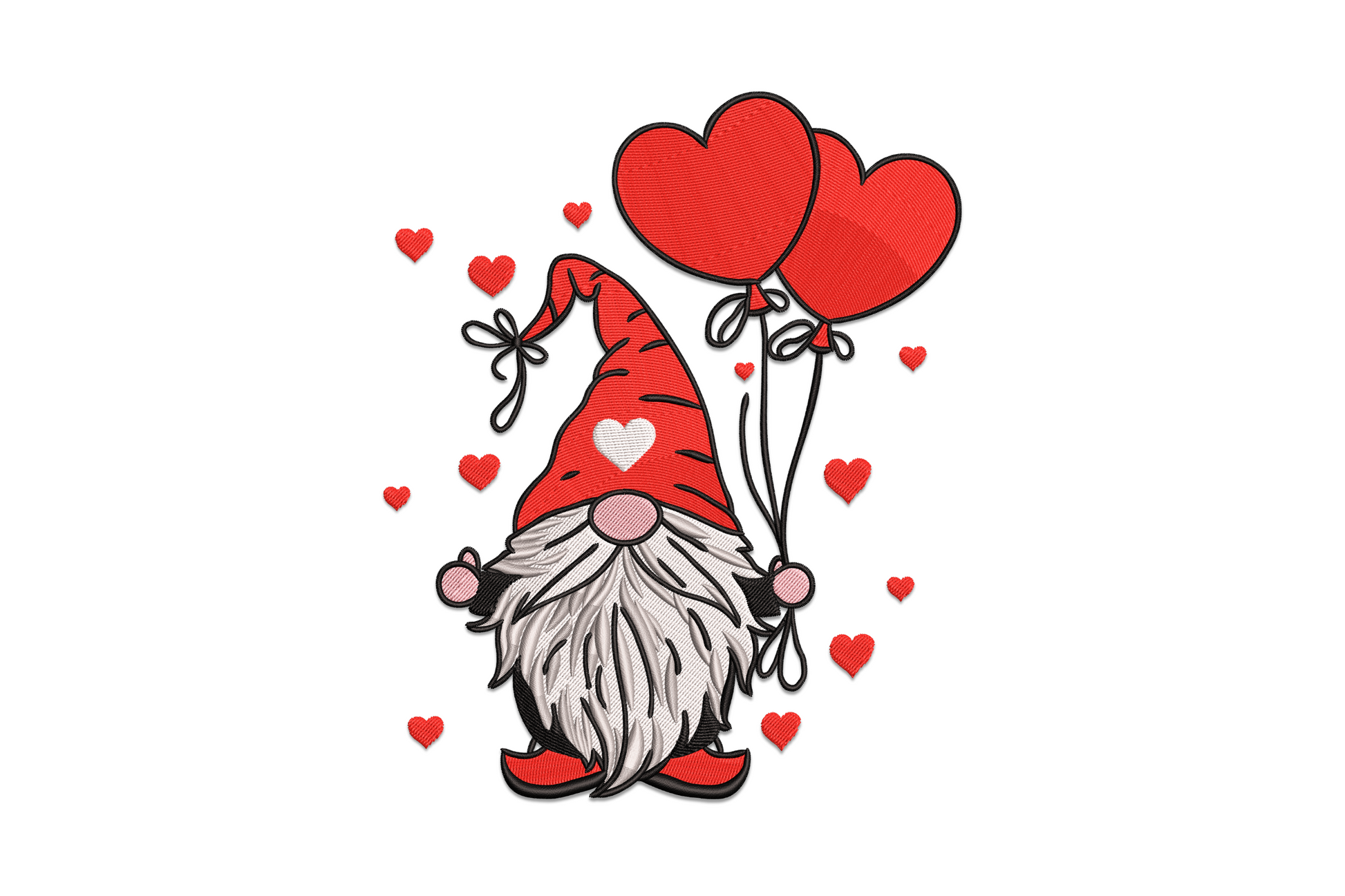 Valentine gnome embroidery design with oversized red floppy hat, fluffy white beard and heart in hands, whimsical style