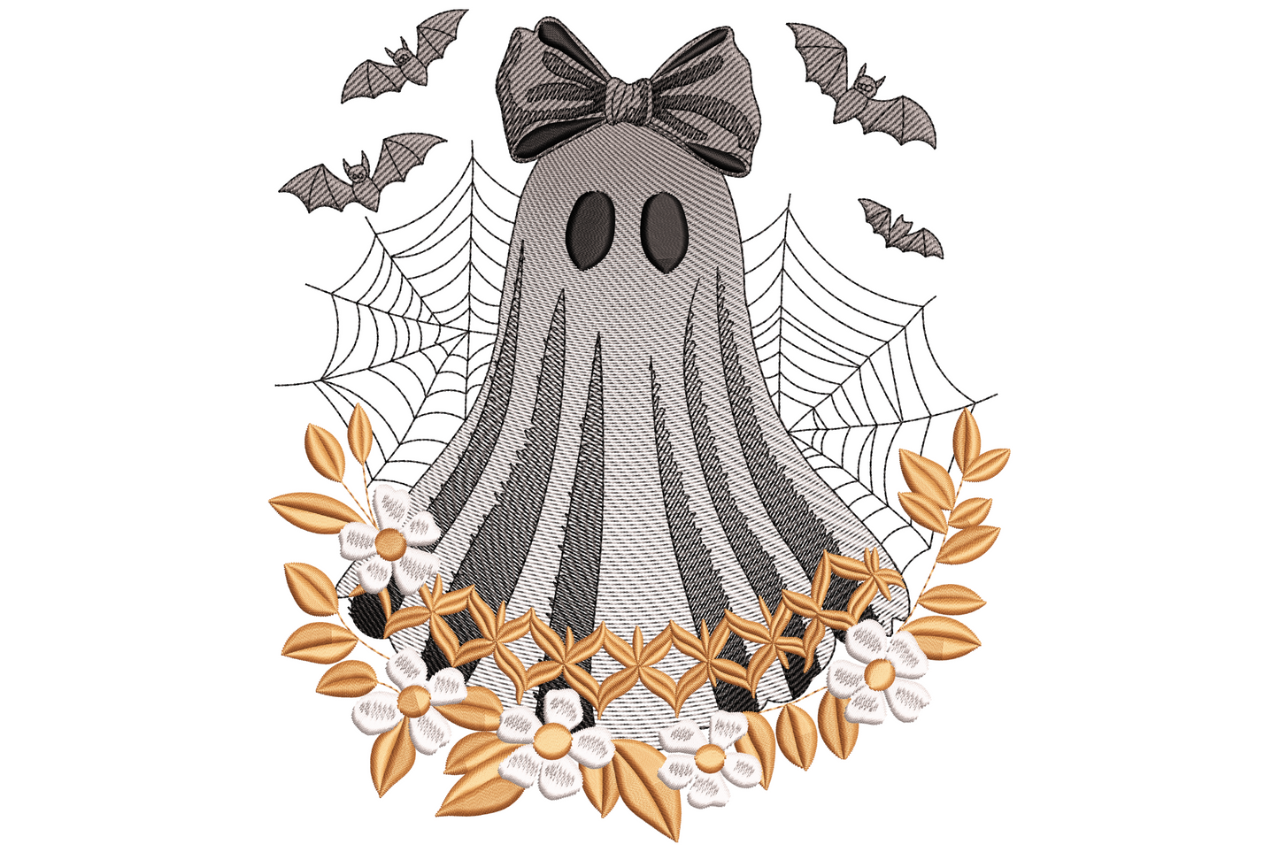 Adorable ghost with large dark bow, autumn flower wreath, spiderwebs and bats, halloween embroidery design in grey, white and gold.
