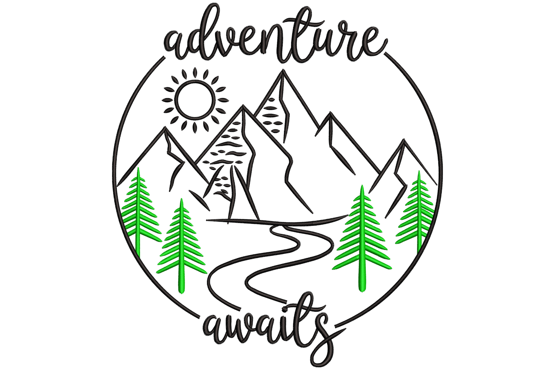 Adventure awaits mountain badge embroidery, pine trees, sun, winding path and script lettering in black and dark green.