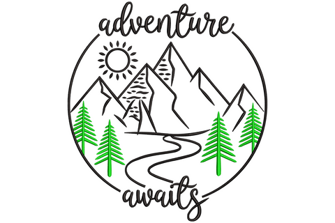Adventure awaits mountain badge embroidery, pine trees, sun, winding path and script lettering in black and dark green.