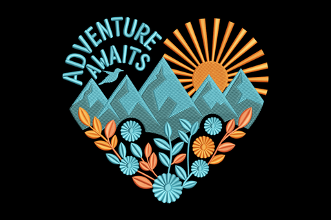 Design with mountains, sun, and 'Adventure Awaits' text embroidery design