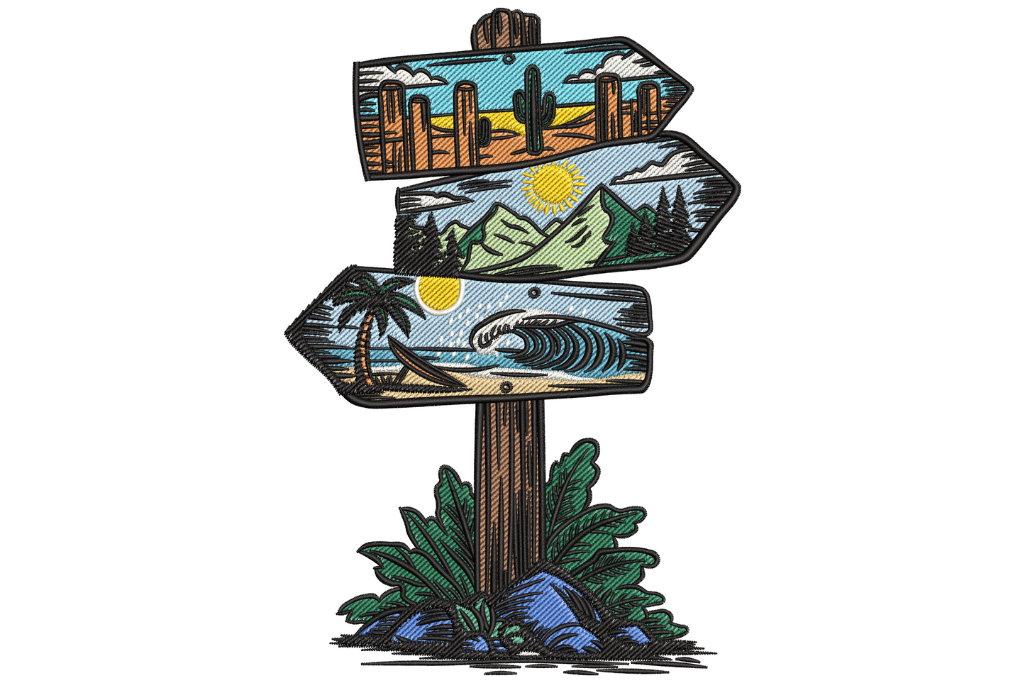 Adventure signpost with three arrow boards on a wooden post showing desert, mountain lake and tropical beach scenes.