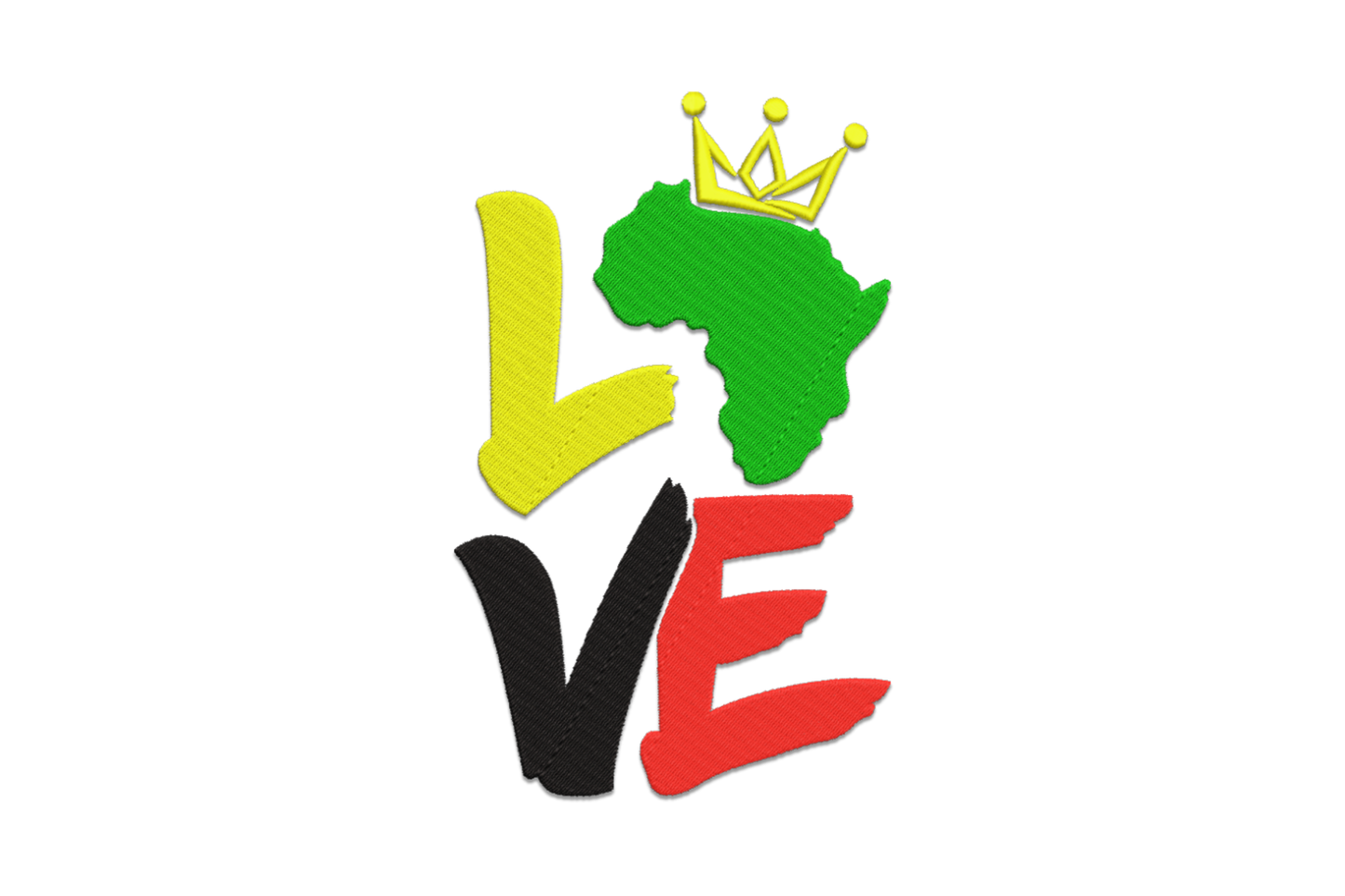 Africa Love embroidery, yellow L black V red E and green Africa continent silhouette with small yellow crown replacing the O.
